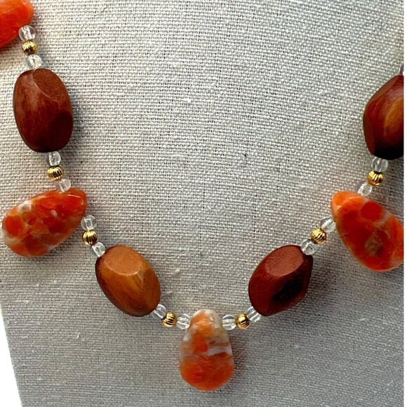 Handcrafted Carnelian Agate & Wood Beaded Necklace. N14 - Picture 5 of 9